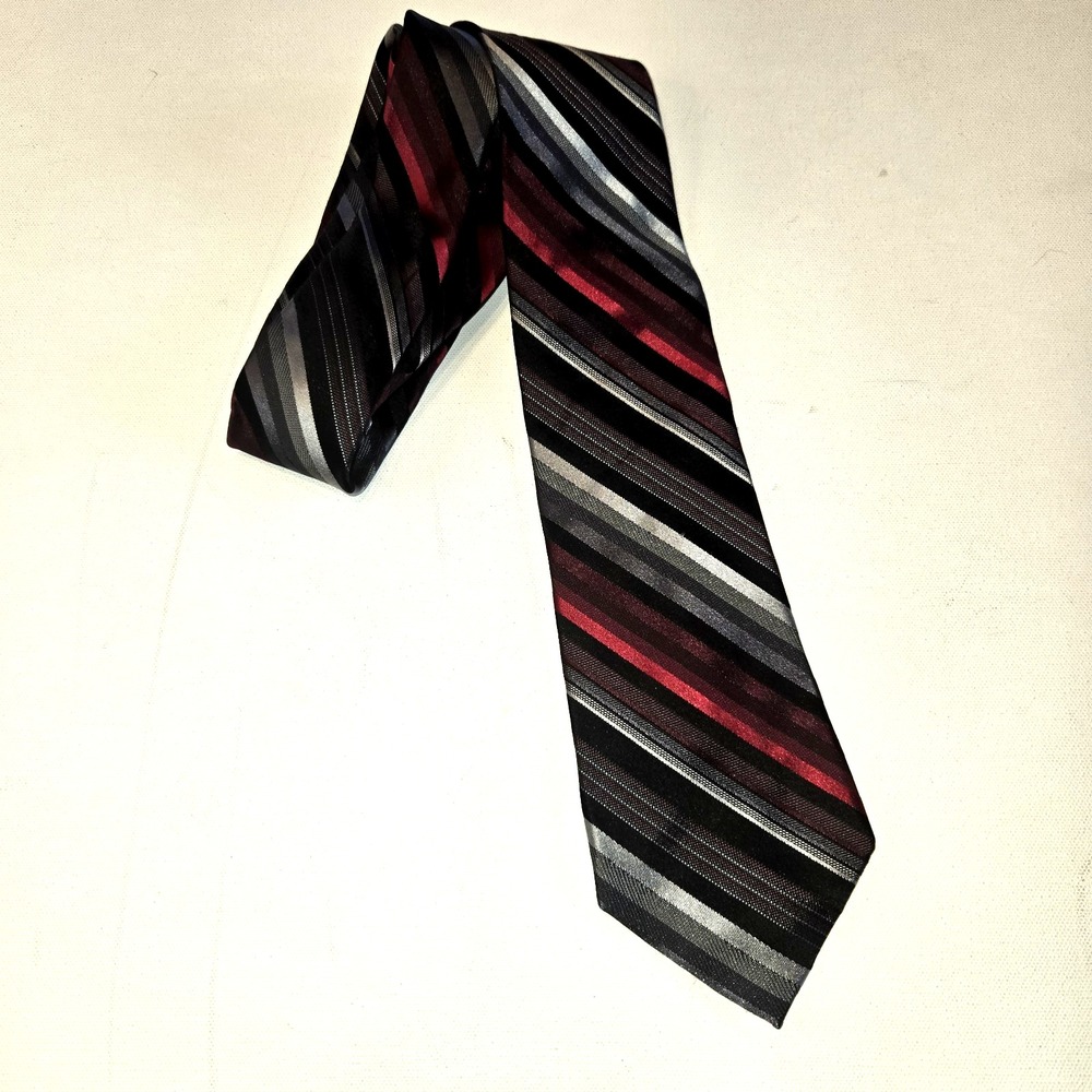 JOE Joseph Abboud 100% Silk Red Black and Gray Striped Necktie